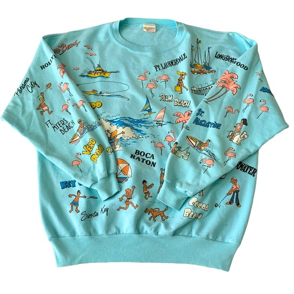 Vtg 80s Florida Crewneck Sweatshirt Aqua AOP Large
